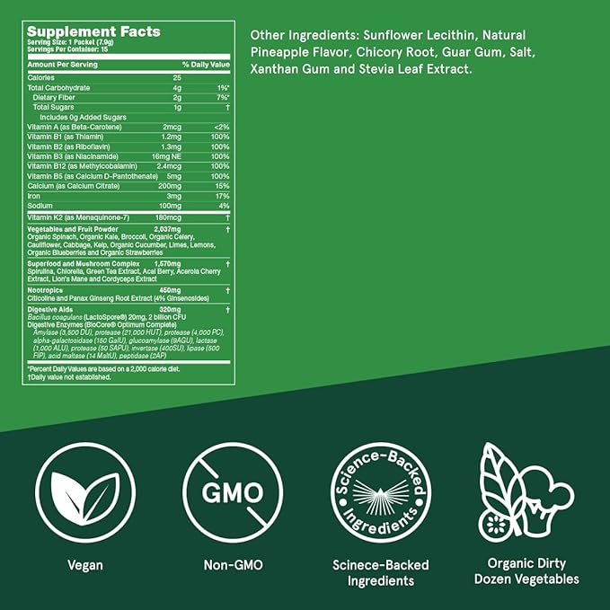 Bulletproof Greens Packets 15 Count Daily Greens Powder with Superfoods and Nootropics Full Serving of Vegetables Essential Nutrients
