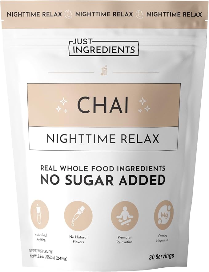 JUST INGREDIENTS Chai Nighttime Relax Drink Mix – 30 Servings | No Sugar Added | Magnesium L-Theanine Chamomile &amp Tart Cherry Extract | Supports Relaxation &amp Restful Evenings