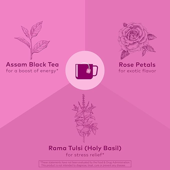 Organic India Tulsi Sweet Rose Assam Black Tea - Stress Relieving &amp Elevating 17mg of Caffeine Per Cup With Ayurvedic Herbs Vegan USDA Organic Non-GMO - 18 Rose Tea Bags (Pack of 3)