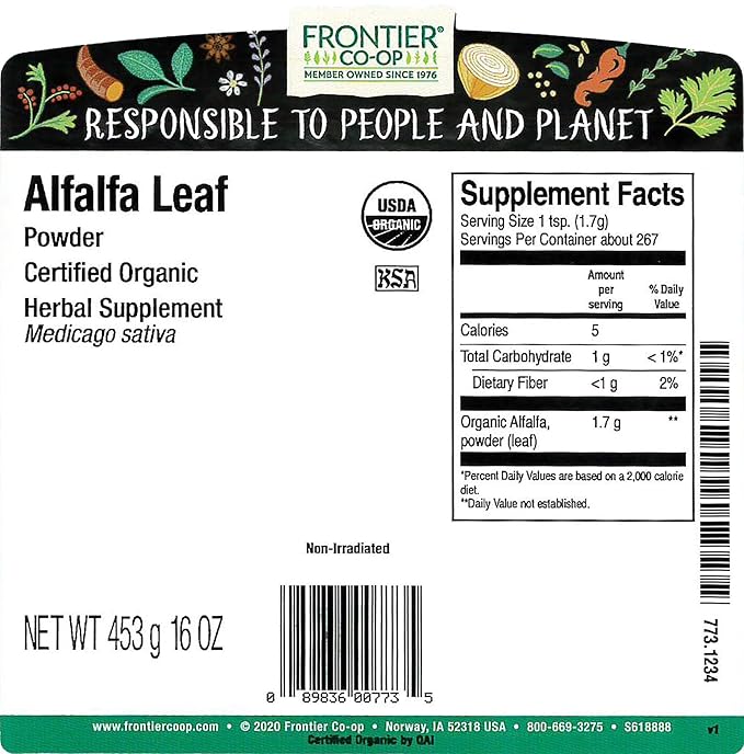Frontier Co-op Alfalfa Leaf Powder Certified Organic Kosher | 1 lb. Bulk Bag | Medicago Sativa L.