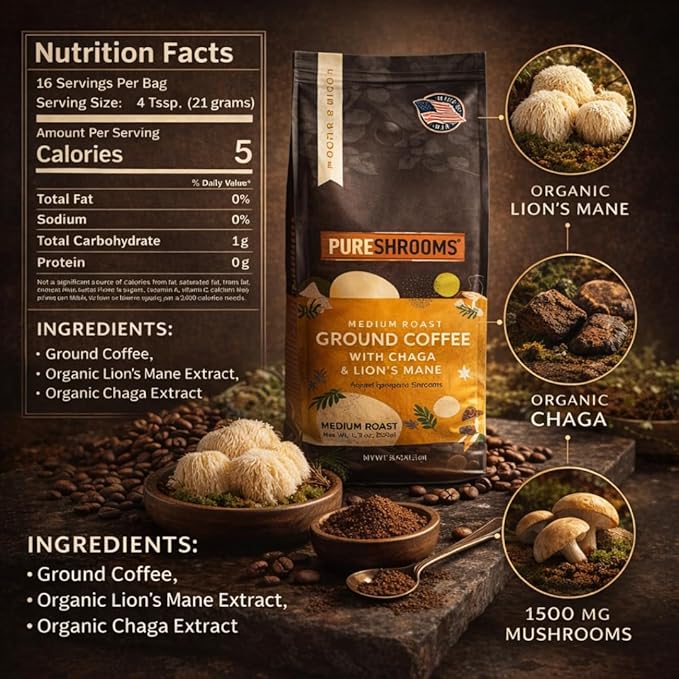 PureShrooms Focus &amp Create Mushroom Coffee – Ground Arabica Blend with Organic Lion's Mane &amp Chaga for Enhanced Focus Memory and Immune Support – 340g