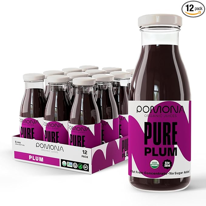 Pomona Organic Plum Juice (Pack of 12) Cold Pressed USDA Organic Juices 100% Plums No Added Sugar Not From Concentrate Vegan Kosher Non GMO Pasteurized 8.4 oz Glass Bottles