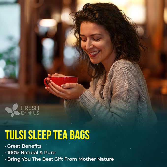 FreshDrinkUS Tulsi Sleep Tea Bags | 75 Tea Bags | Herbal Blend with Tulsi Holy Basil Chamomile Gotu Kola Ashwagandha &amp Peppermint | Naturally Caffeine-Free Relaxing Evening Herbal Tea. Vegan