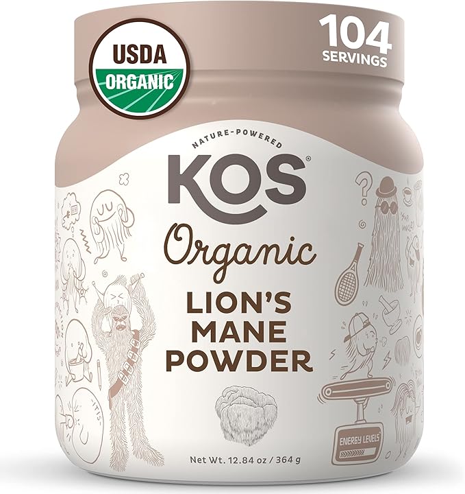 KOS Organic Lion's Mane Powder - Natural Nootropic Superfood - Vegan Functional Mushroom Plant Based USDA Certified Non-GMO Soy &amp Gluten-Free - 104 Servings