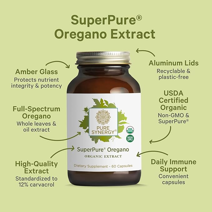 PURE SYNERGY SuperPure Oregano Extract | Oregano Oil Extract Capsules | Organic Oil and Leaf Supplement | for Immune Digestive and Respiratory Health (60 Capsules)