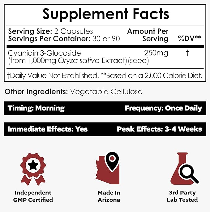 Nootropics Depot Cyanidin 3-Glucoside Capsules | 125mg | 180 Count | Black Rice Extract | C3G | Oryza Sativa | Metabolic Vision &amp Cognitive Support