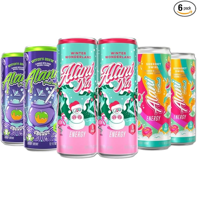 New Alani Energy Drinks Witches Brew Winter Wonderland Sherbet Swirl Variety Pack Sugar-Free Low-Calorie Energy Boost Drink 12 fl oz (Pack of 6)
