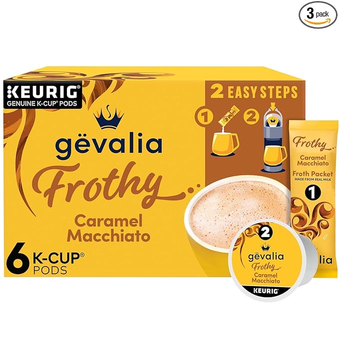 Gevalia Frothy 2-Step Caramel Macchiato Espresso Style K-Cup Coffee Pods &amp Froth Packets Kit 6 CT (Pack of 3)