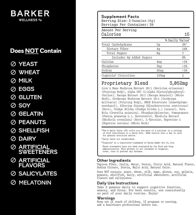Barker Wellness Mushroom Adaptogen Gummies for Memory &amp Focus Brain Health Supplement with Lion's Mane Cordyceps Cognizin Nootropics Vegan Sugar-Free Passion Fruit Watermelon Flavor- 60 Coun