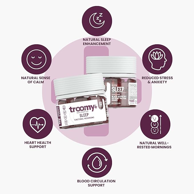 Troomy Sleep Gummies for Adults and Kids Great Tasting Black Raspberry Red Reishi Mushroom Easy Restful Natural Sleep Aid 60 Count