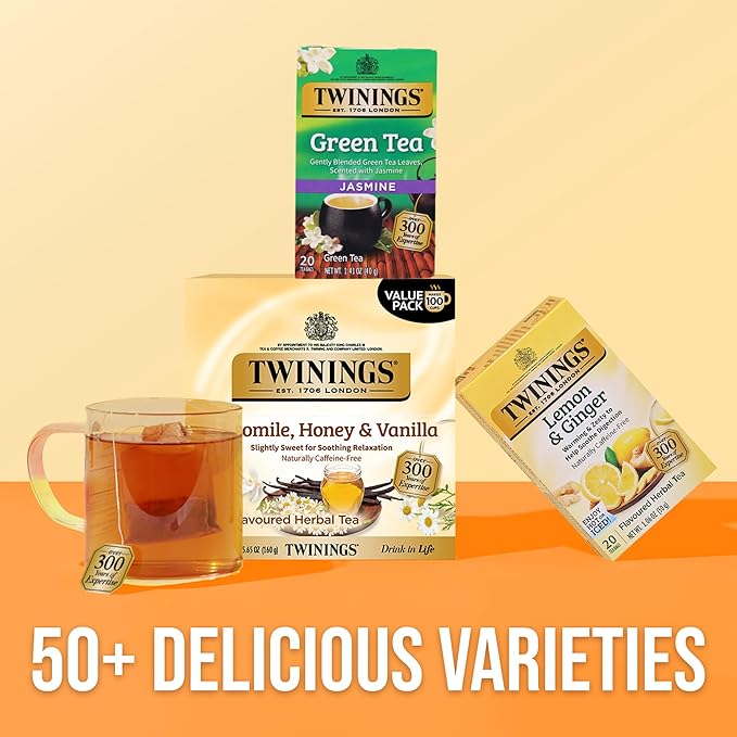 Twinings Camomile Honey &amp Vanilla Herbal Tea Individually Wrapped Bags 100 Count (Pack of 1) Naturally Caffeine-Free Enjoy Hot or Iced 100 Teabags
