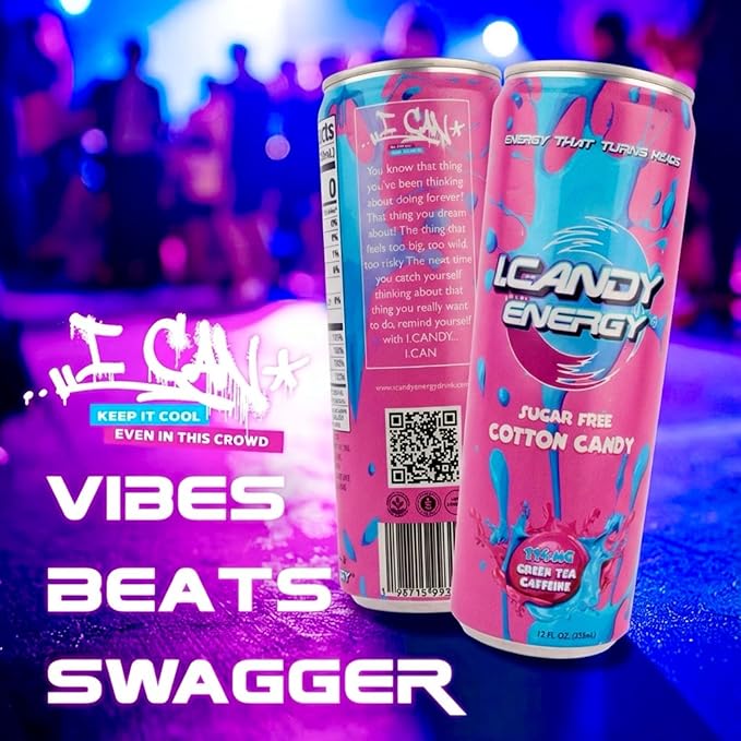 I.CANDY Energy Drink Cotton Candy 24 Pack 12 oz Cans Sugar Free Energy Drinks Bulk Zero Calorie Pink Energy Drink Case 114mg Caffeine Clean Energy