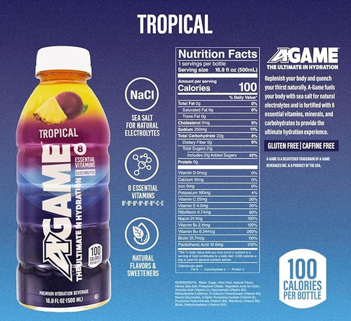 A-GAME Sports Drink Tropical The Ultimate Hydration Sports Beverage for Athletes 8 Essential Vitamins including B C &amp E plus Natural Sea Salt Electrolytes All Natural Flavors &amp Sweetener