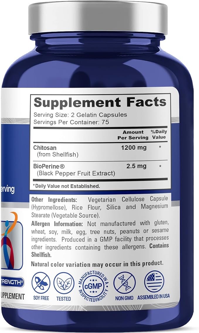 NusaPure Chitosan 1200mg 150 Caps (Non-GMO &amp Soyfree) with Bioperine