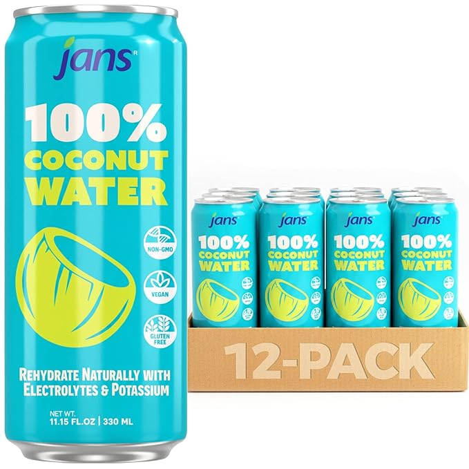 Jans 100% Coconut Water No Added Sugar 11.15oz (Pack of 12) Pure Coconut Refreshment Vegan Gluten-Free Hydration with Electrolytes