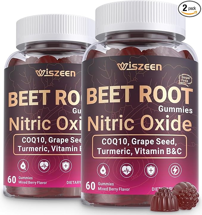 Beet Root Gummies Nitric Oxide Supplements for Men &amp Women with COQ10 Turmeric Extract Vitamin C &amp B12 Vegan Non-GMO Sugar Free 120 Cts