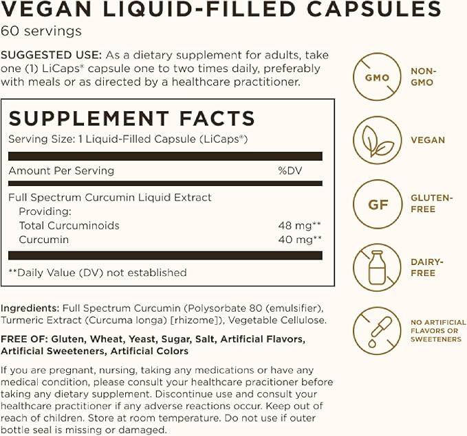 Solgar Full Spectrum Curcumin - 60 LiCaps - Superior Absorption - Brain Joint &amp Immune Health - Non-GMO Vegan Gluten Free Dairy Free - 60 Servings