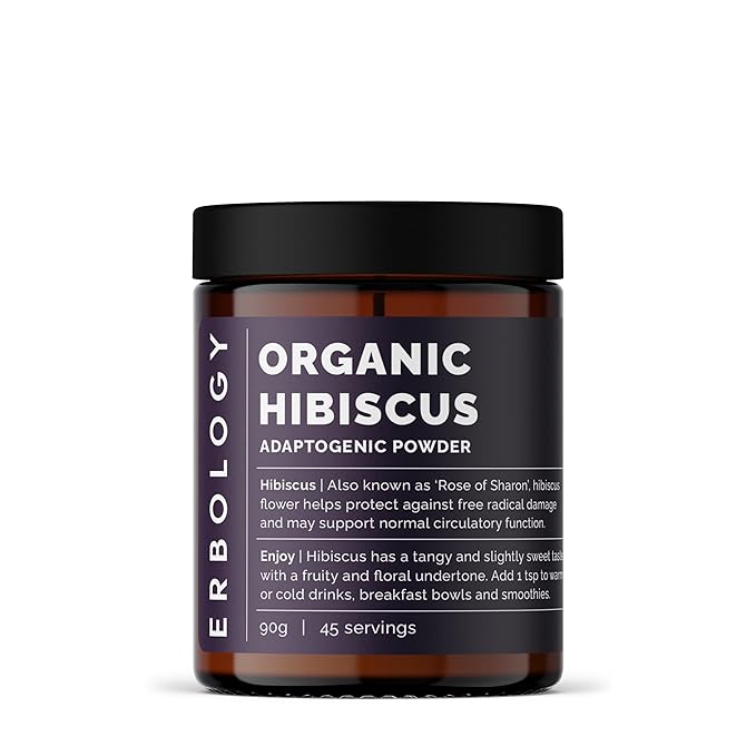 Erbology Organic Hibiscus Powder 3.2 oz - 45 Servings - Destress - Straight from Farm - Raw Vegan and Gluten-Free - Non-GMO - No Additives or Preservatives - Recyclable Glass Jar