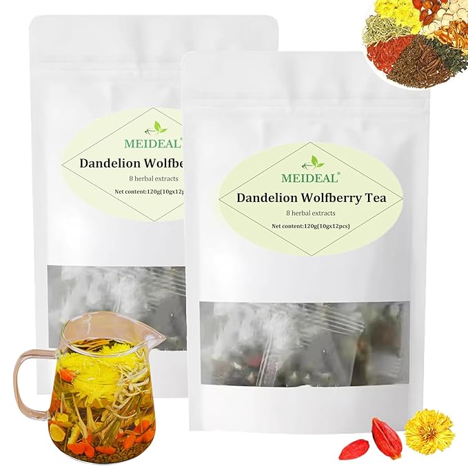 Dandelion Wolfberry Tea 8 Natural Herbal Ingredients Blend Dandelion Teabag Organic Natural Chinese Wolfberry Tea Bags Chrysanthemunn Cassia Seed (2 Bags 24 Pcs)