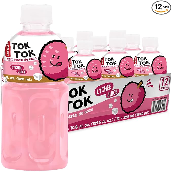 Pocas Toktok Lychee Juice 12-Pack – Made with Real Fruit &amp Chewy Nata De Coco 8 Oz Each