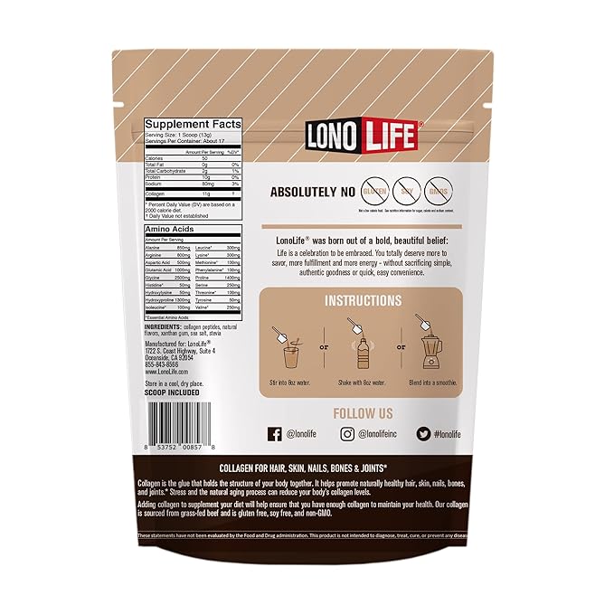LonoLife - Mocha Collagen Peptides with 10g Protein Paleo and Keto Friendly 8-Ounce Bulk Container - Packaging May Vary