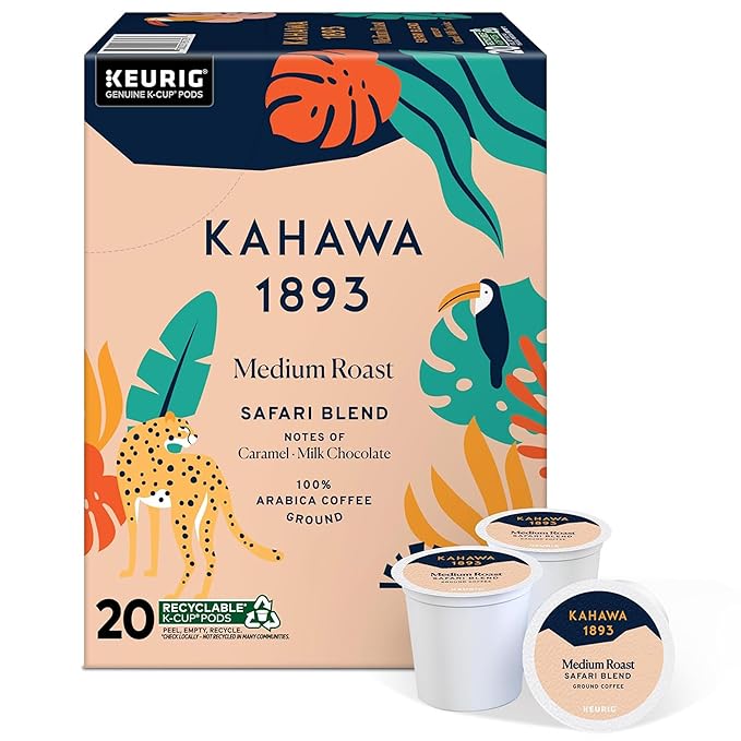 Kahawa 1893 Medium Roast Coffee K-Cup Pods Safari Blend (20 Count) - As Seen on Shark Tank High Antioxidants Naturally Sweet Organically Grown &amp Cultivated Ethically &amp Sustainably Sourced