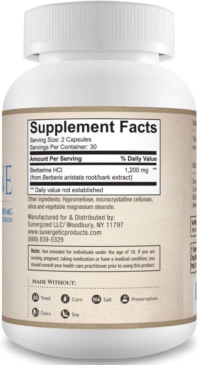 Sunergetic Premium Berberine Supplement - 1200mg Per Serving - Berberine HCL Supplement Non-GMO - Immune Support- 60 Capsules