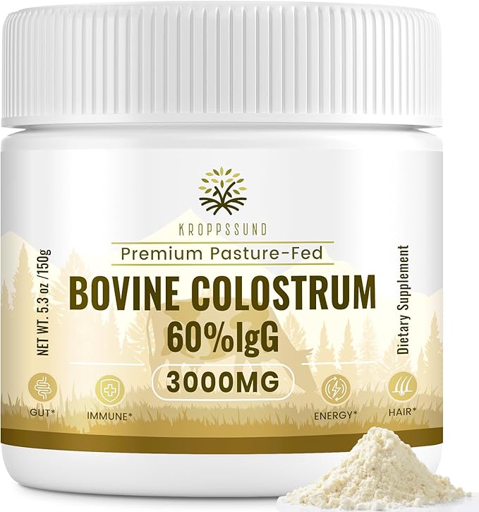 Kroppssund Bovine Colostrum Powder Supplement 3000 mg - Extra High 60% IgG Bovine Colostrum - Gut Bone Exercise Immune - 50 Servings (1 Bottle)