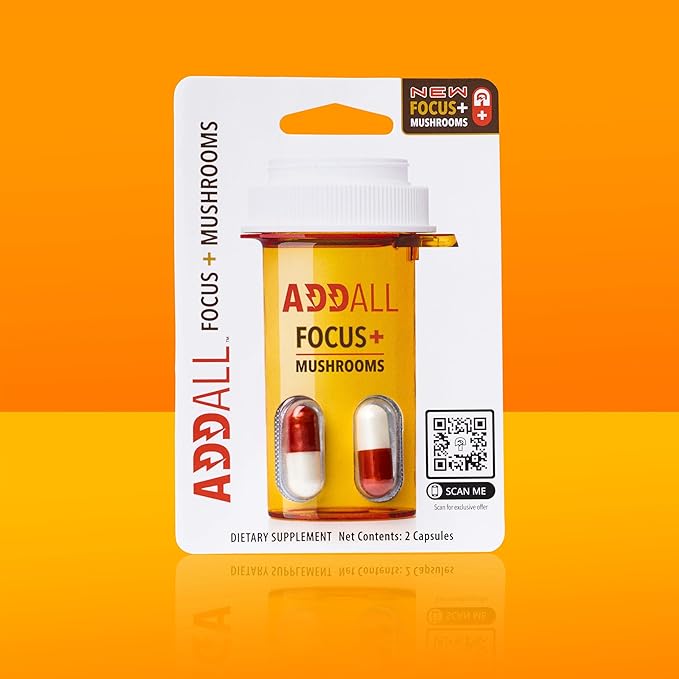 Addall Focus + Mushrooms Memory Supplement (12 Pack) #1 Effective Alternative Brain Supplement Substitute Pills Nootropic &amp Energy | No Crash | Science Backed Formula | 24 Capsules