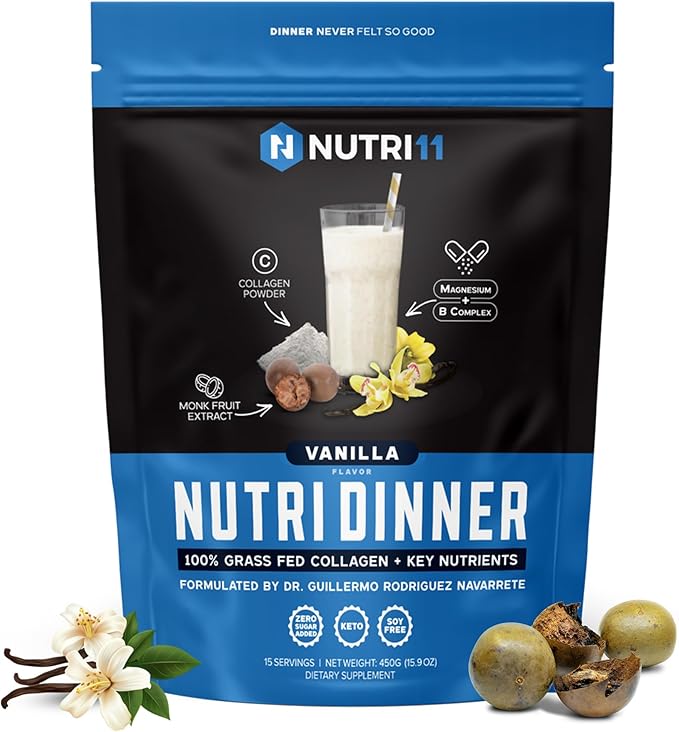 NutriDinner by Nutrillermo | Grass-Fed Collagen Protein Powder | Collagen with Magnesium B-Vitamins | Collagen Supplement for Sleep and Recovery (149 Vanilla)