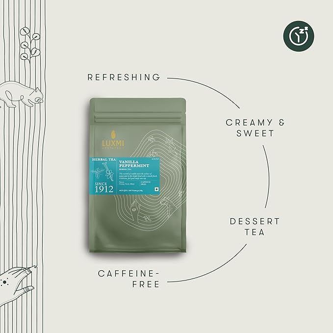 Luxmi Estates Vanilla Peppermint Organic Peppermint Tea (50 Tea Bags) Caffeine Free Tea Bags For Relaxing Calming and Stress Relief With Certified Organic Herbal Tea
