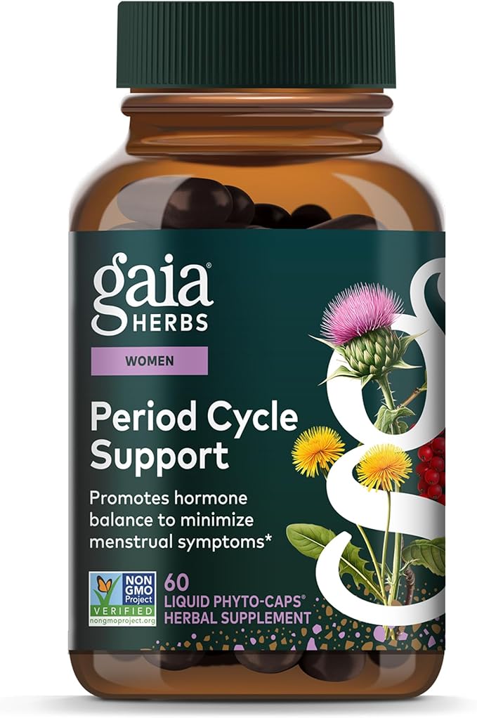 Gaia Herbs Period Cycle Support - Supports Hormone Balance &amp PMS Relief* - Herbal Supplement with Vitex Berry &amp Schisandra - Free from Gluten Dairy &amp Soy - 60 Vegan Capsules (60 Servings)