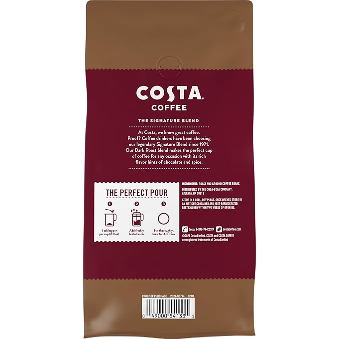 Costa Coffee Whole Bean Coffee Signature Blend Dark Roast 12oz each Rainforest Alliance Certified (Pack of 4)