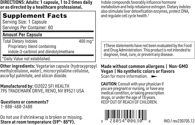 Klaire Labs SFI Health Indole Forté - Estrogen Supplement for Women &amp Men with Diindolylmethane &amp Indole-3-Carbinol - Indole &amp DIM Supplement to Promote Healthy Estrogen Metabolism (60 Cap