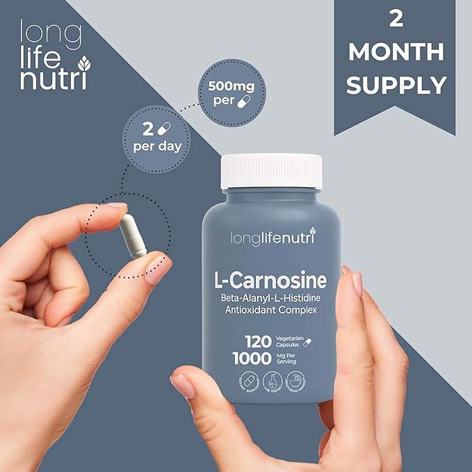 LongLifeNutri L-Carnosine 1000mg - Beta-Alanyl-L-Histidine Supplement for Cellular Energy &amp Brain Clarity 120 Vegetarian Capsules 2-Month Supply GMP Certified Made in USA
