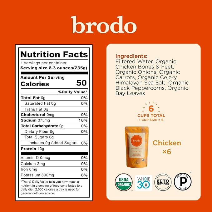 Brodo Ready to Drink Organic Chicken Collagen Rich Bone Broth with Collagen On The Go 10 g Protein Collagen Protein Not from Concentrate Collagen No Preservatives 8 oz (Pack of 6)