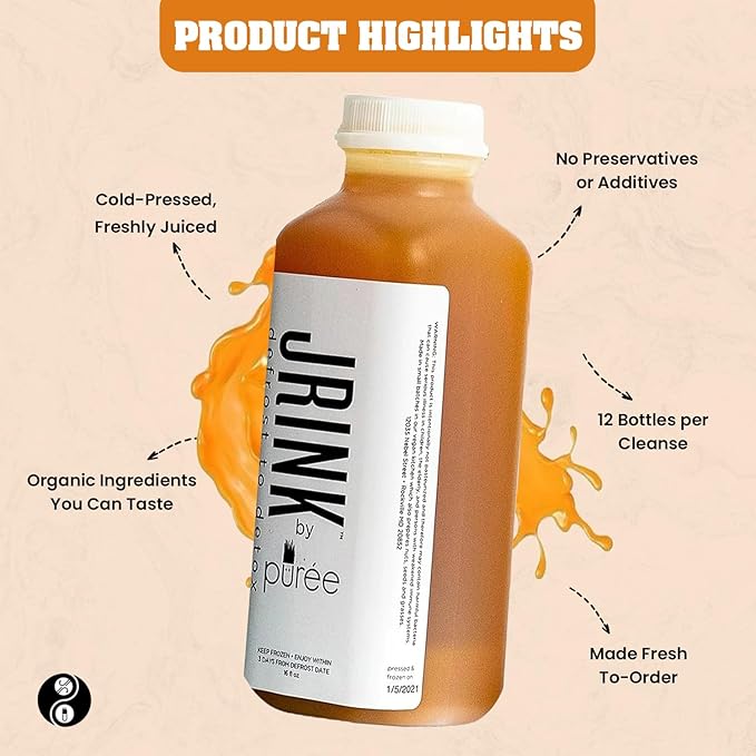 JRINK by Purée Gold Rush Cold Pressed Juice Cleanse with Organic Lemon Ginger Detox Drink from Raw Fruit and Vegetable Juice No Preservatives Healthy Cleanse 16oz Bottles 18 Pack