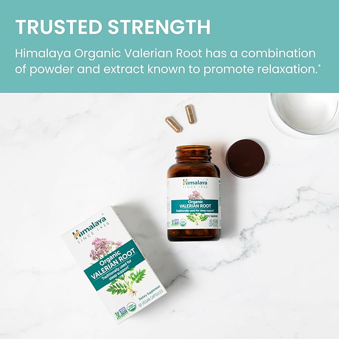 Himalaya Organic Valerian Root Herbal Sleep Support for Calm Relaxation USDA Organic Non-GMO Vegan Gluten Free 1000 mg 60 Capsules