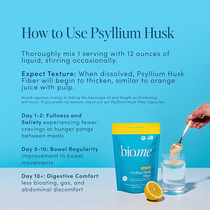 Psyllium Husk Fiber Powder (6g Per Serving) for Digestive Health &amp Bloating Relief Sugar Free Lemonade Prebiotic Insoluble &amp Soluble Fiber Powder Non-GMO Supplement Gluten Free - 30 Serving