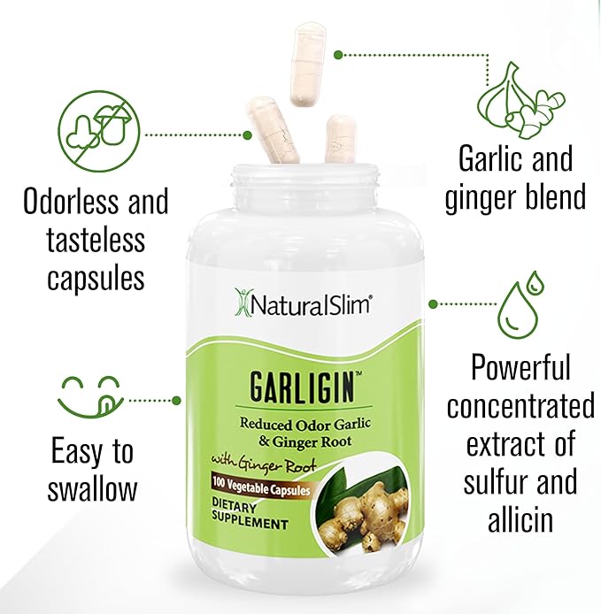 NaturalSlim Garligin Odorless Garlic Supplement with Ginger for Immune Support Metabolism Booster Supports Natural Body Balance &amp Improves Digestion - 100 Capsules