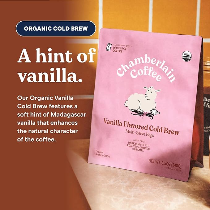 Chamberlain Coffee Organic Vanilla Cold Brew Large Coffee Bags Medium Roast - Premeasured Ready to Brew - Makes 4 Cups/Bag - Perfect for Iced Coffee Convenient &amp Easy Brewing Experience - 8.5 oz