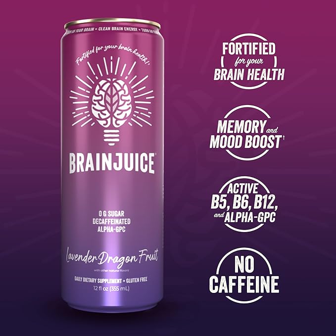 Brainjuice Brain Health Support Drink for Energy &amp Focus Vitamin C B5 B6 &amp B12 L Theanine Alpha GPC &amp Natural Caffeine From Green Tea Vegan Gluten Free Lavender Dragon Fruit 12 Oz