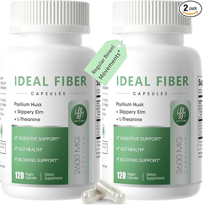 iMATCHME Fiber Supplement with Psyllium Husk PowderSlippery Elm for Soften StoolEffortless Bowel MovementsDigestive &amp Gut Cleanse Support-Prebiotic Fiber 240 Capsules