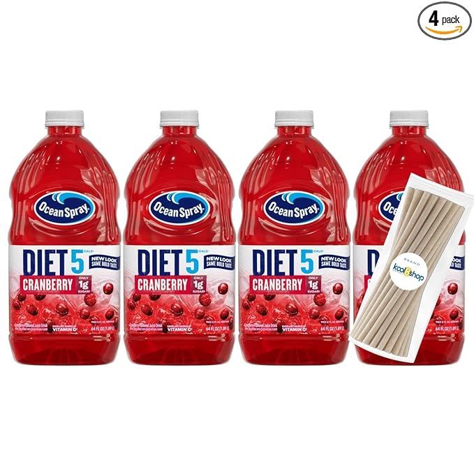 Ocean Spray Diet Cranberry Juice Drink 64 fl oz Plastic Bottle 4 Pack + 15 Sugarcane Disposable Straws by KOOL8SHOP Infinite Deals