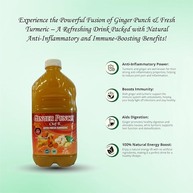 Chef K Inc. | Ginger Punch with Fresh Turmeric | ImmuneBoosting Family Size | 64 oz 4 Pack