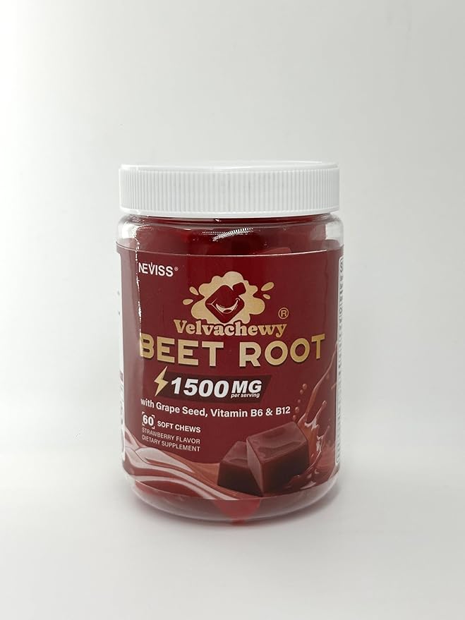 NEVISS Beet Héāŗt Chews 1500mg Nitric Oxide and Blood Préssũre Support 5 in 1 Beets Supplements w/Grape Seed L-Citrulline Vitamin B6 &amp B12 for Energy &amp Circulation Support 60 Chews Sugar