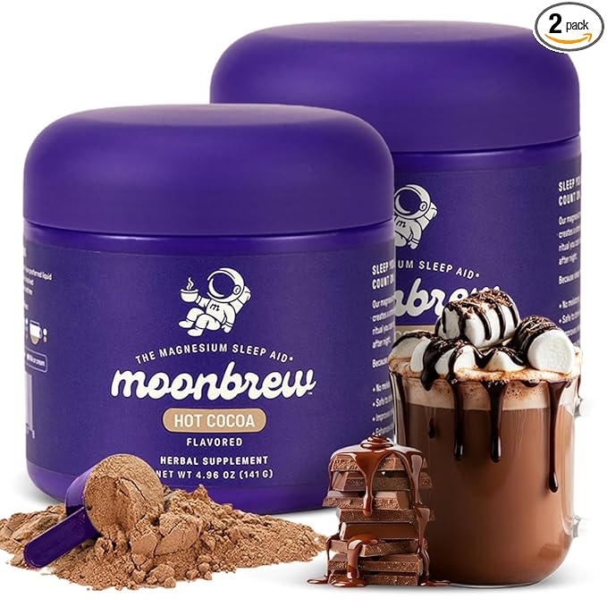 MoonBrew Nighttime Magnesium Hot Cocoa Natural Sleep Aid Drink Mix for Adults 2-Pack - Calming Melatonin-Free Sleep Support - Sleepy Hot Chocolate Powder with L-Theanine Chamomile &amp Zinc Glycin