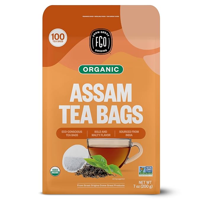 FGO Organic Assam Tea 100 Count Eco-Conscious Black Tea Bags Resealable Bag Packaging May Vary (Pack of 1)