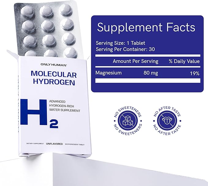 H2 Molecular Hydrogen Water Tablets with Magnesium | 12PPM Hydrogen Tablets for Drinking Water | Unflavored Dietary Supplement | Gluten Sugar &amp Soy Free | Made in The USA | 30 Tabs | Only Human