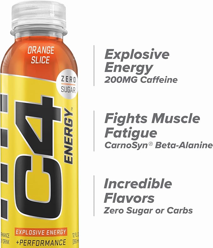 C4 Energy Non-Carbonated Zero Sugar Pre Workout Drink + Beta Alanine Orange Slice 12 Fl Oz Pack of 24